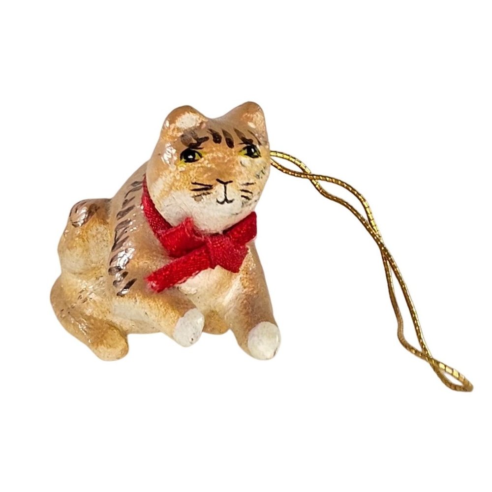 Vintage Cat Ornament Orange Tabby Hand Painted Folk Art